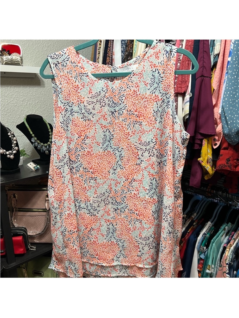 Fever Coral, Navy & White Sleeveless Printed Blouse
